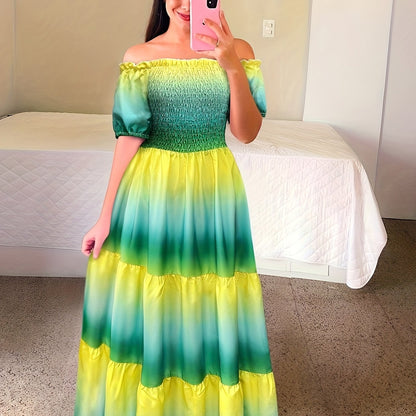 Gradient Print Tiered Dress, Casual Off Shoulder Shirred Party Dress, Women's Clothing
