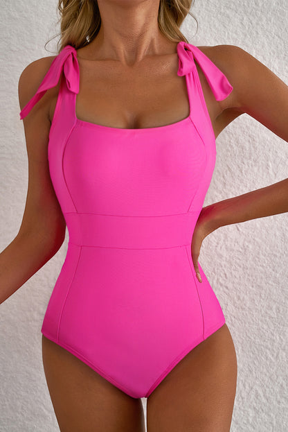 Dearlovers Rose Red Square Neck Knotted Shoulder Open Back One Piece Swimsuit