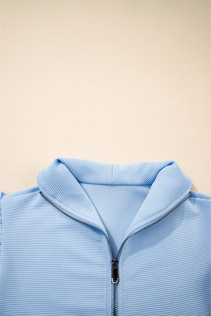 Beau Blue Textured Ruffled Sleeve Zipped Top and Wide Leg Pants Set