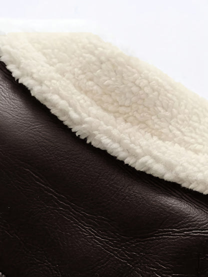 Women'S Elegant Teddy Lined Jacket with Turnover Sleeves, Zipper Closure, and Moto-Inspired Design - Vintage Streetwear Collar, Perfect for Fall/Winter