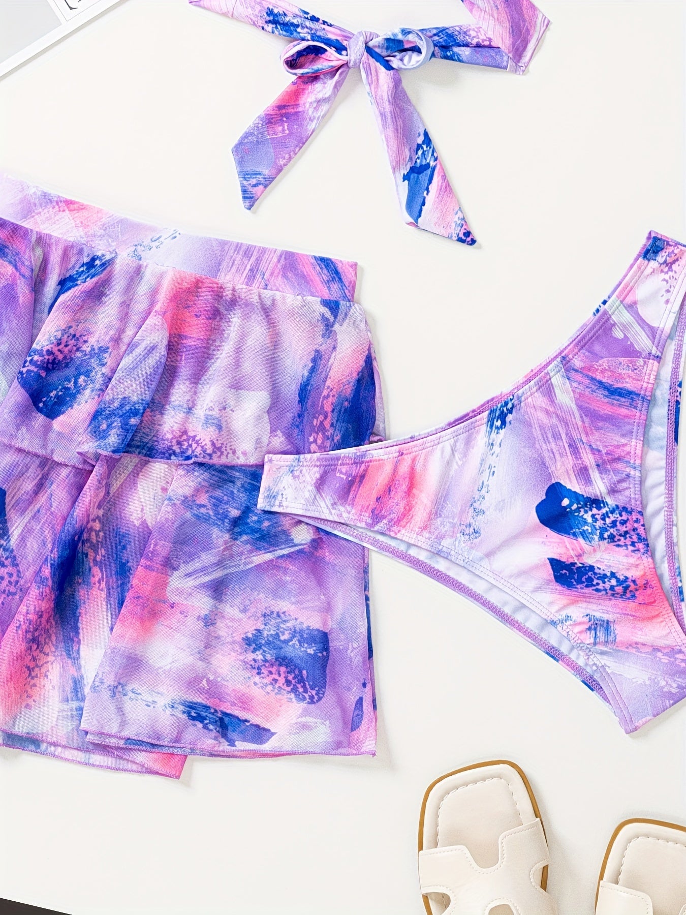 Women'S 3pcs Bikini Set with Skirt, Y0056, Polyester 82% Elastane 18%, Spaghetti Strap, Random Print, High Stretch Knit Fabric, Lace-Up Detail, Swimwear