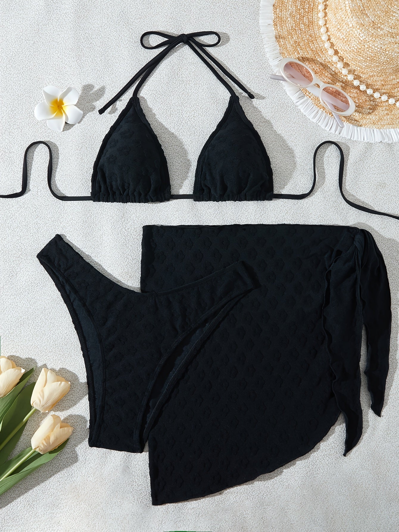 Women's Warm Color Floral Three-Piece Bikini Swimsuit