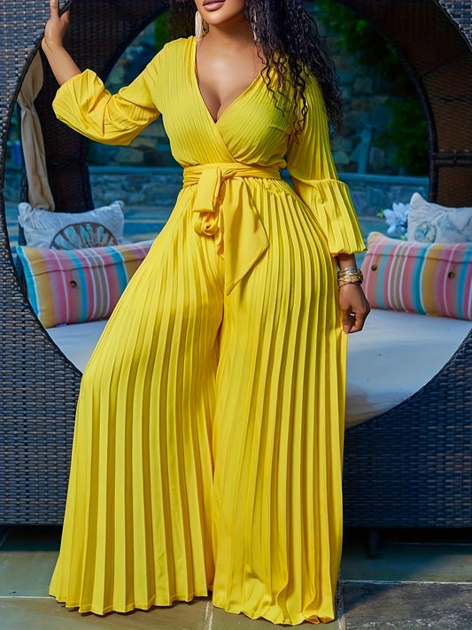 Women'S Stylish Yellow Pleated Jumpsuit with V-Neck and Tie Waist - Perfect for Spring/Summer/Fall, Polyester Fabric, Zipper Closure, Adult Casual Wear, Casual Wear Jumpsuit | Pleated Design Jumpsuit | Vibrant Jumpsuit, Jumps