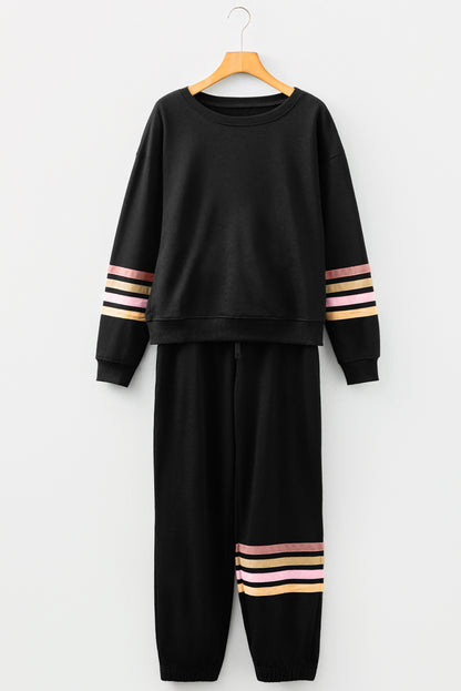 Black Striped Drop Shoulder Round Neck Pullover and Jogger Pants Active Outfit