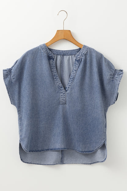 Dusk Blue V Neck Ruffled Short Puff Sleeve Denim Top