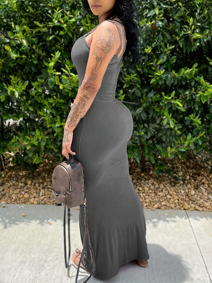 Women's Off-Shoulder Spaghetti Suspender Dress - Stretchy Flowy Midi Dress for Spring Summer Fall, Machine Washable Solid Color Casual to Evening Wear, Seasonal Fashion, Ruched Elegance, Comfortable Fit