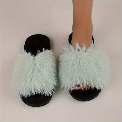 Elegant Women's Faux Fur Slippers - Winter Plush Open Toe Slip-On House Slippers with EVA Sole - Solid Color Fluffy Indoor Cotton Slides - Cixi Production Area