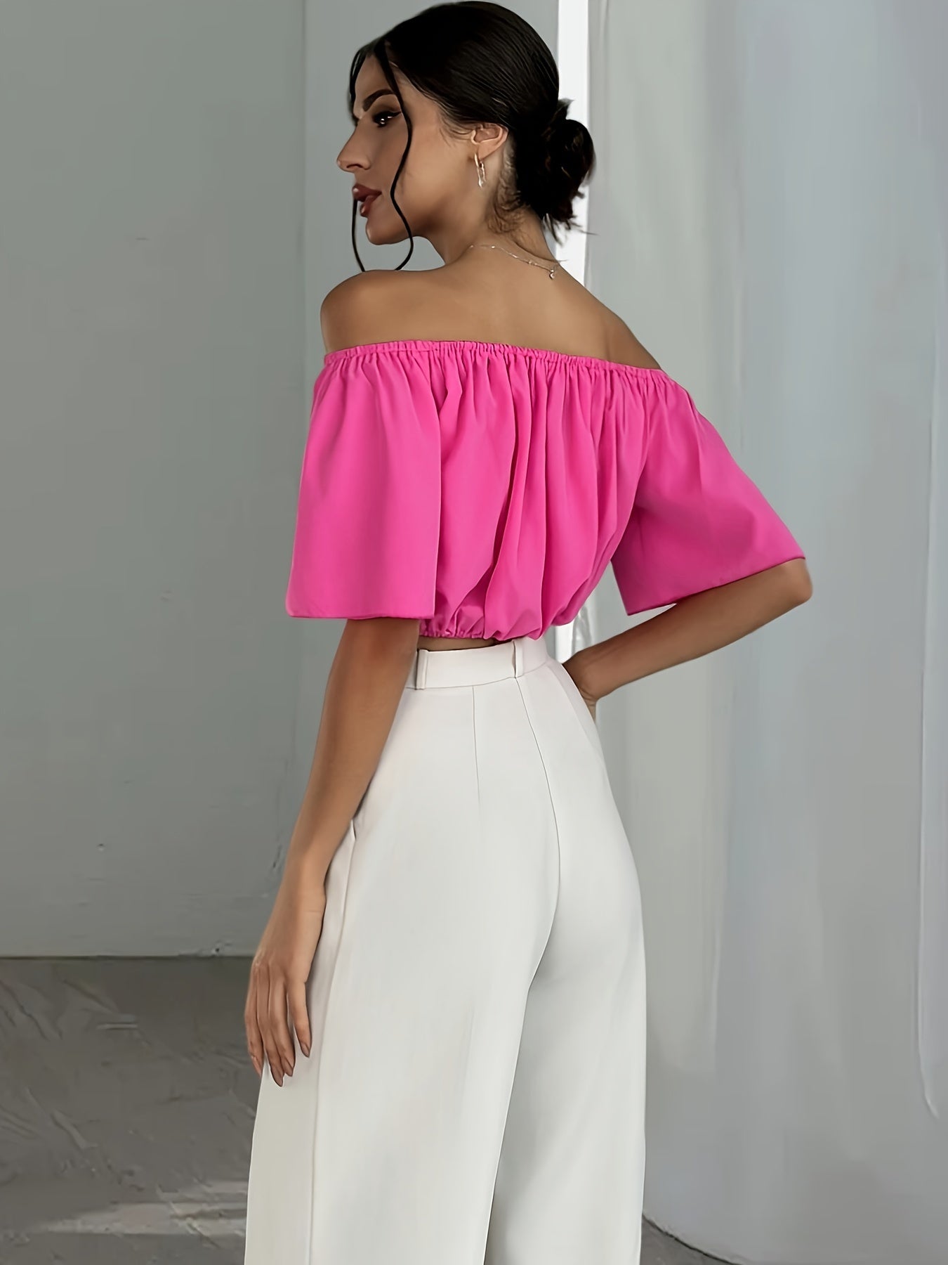 Sexy Off-the-Shoulder Crop Top Blouse - Stylish Short Sleeve Polyester Solid Color Notch Neck Design for Spring and Summer - Womens Fashion Clothing for All Seasons