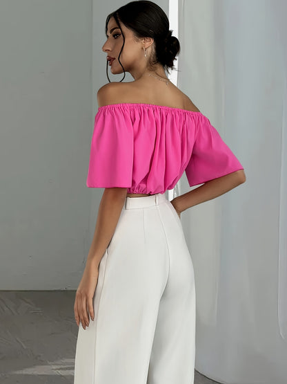 Sexy Off-the-Shoulder Crop Top Blouse - Stylish Short Sleeve Polyester Solid Color Notch Neck Design for Spring and Summer - Womens Fashion Clothing for All Seasons