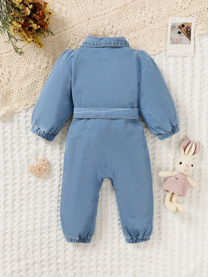 A Babygirl Open Collar Long Sleeve Ripped Denim Jumpsuit Spring And Autumn