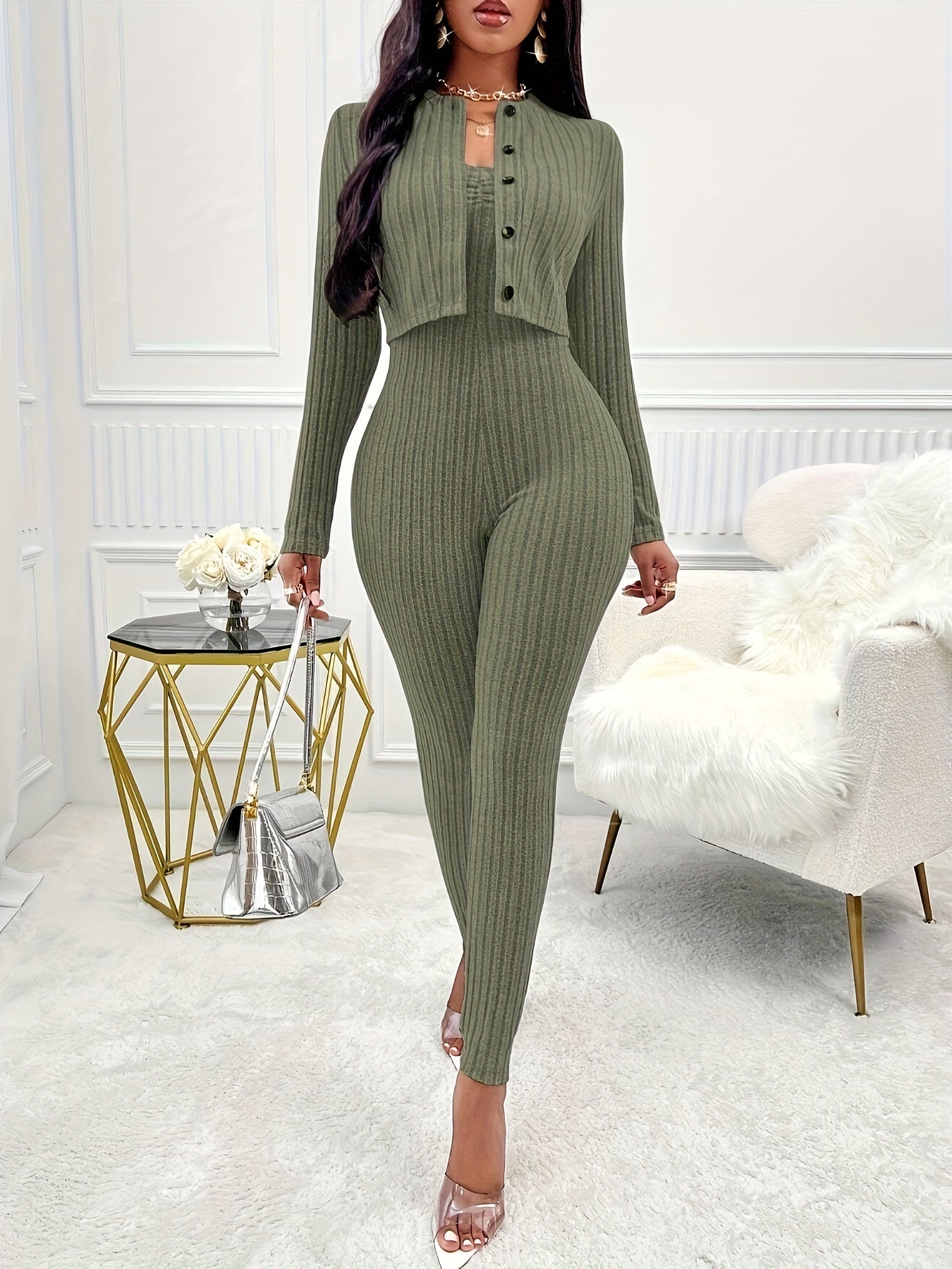 Two-Piece Ribbed Outfit Set - Long Sleeve Button Front Crop Cardigan & Skinny Strapless Jumpsuit - Soft, Stretchy, and Cozy Women's Clothing for Everyday Wear