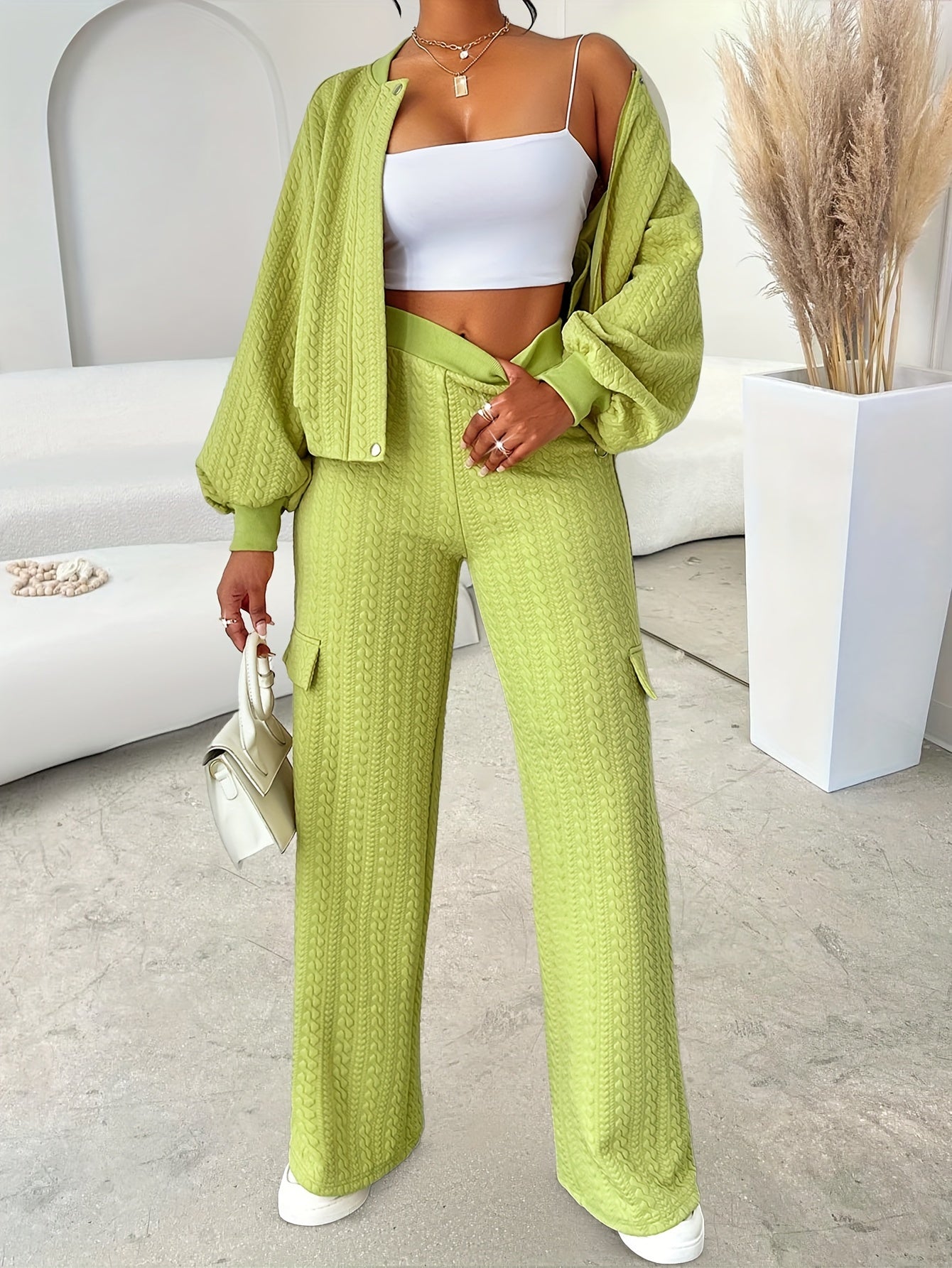 Women'S Casual Chic Two-Piece Set, Solid Color Long Sleeve Zippered Jacket and Straight-Leg Pants, Polyester 95% Elastane 5% Knit Fabric, Crew Neck, Fall/Winter Collection