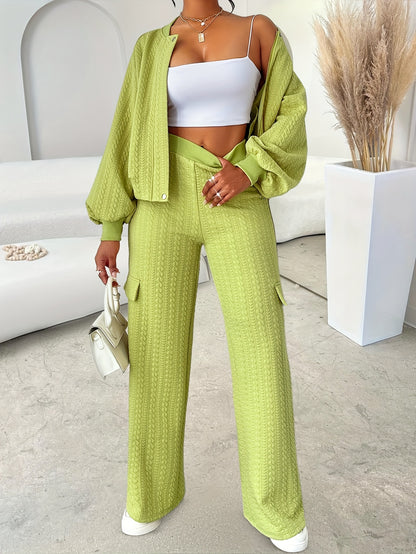 Women'S Casual Chic Two-Piece Set, Solid Color Long Sleeve Zippered Jacket and Straight-Leg Pants, Polyester 95% Elastane 5% Knit Fabric, Crew Neck, Fall/Winter Collection