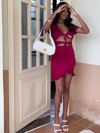 Solid Deep V Neck Tie Front Short Sleeve Dress, Sexy Bag Hip Ruffled Hem Dress, Women's Clothing For Party Dressing