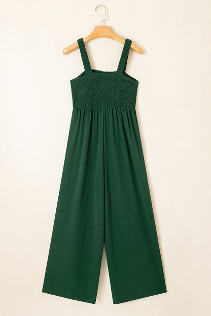 Green Smocked Sleeveless Wide Leg Jumpsuit with Pockets