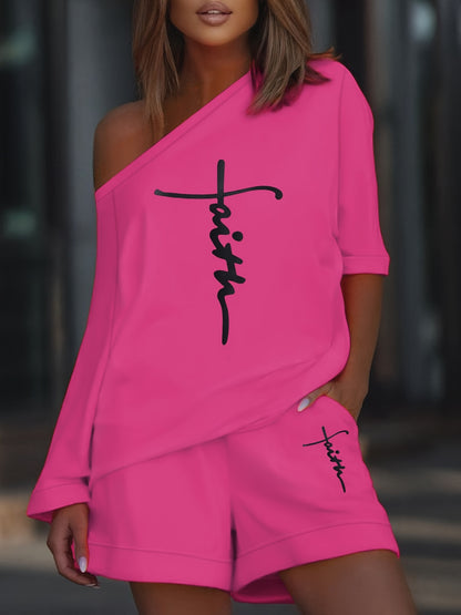 Chic Faith Printed Women's 2-Piece Set – Off-Shoulder Tee & Comfy Drawstring Shorts for Casual Wear