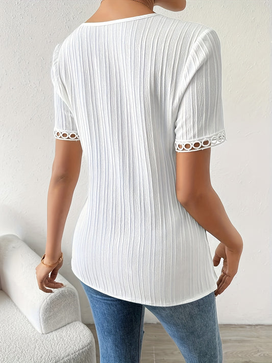 Stunning Asymmetric Hem Lace Blouse - Elegant Short Sleeve Ribbed Top for Spring & Summer, Chic Womens Clothing with Contrast Lace Detail, Perfect for Casual Outings and Outdoor Activities