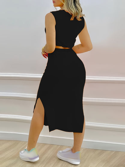 Solid Casual Two-piece Set, Sleeveless Tank Top & Drawstring Split Skirts Outfits, Women's Clothing