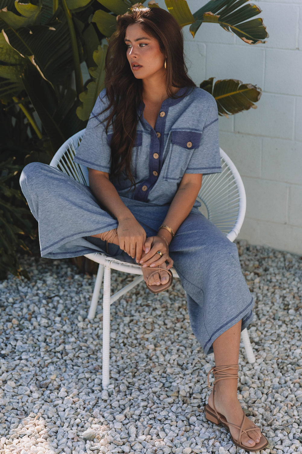 Beau Blue Half Placket Chest Pockets Short Sleeve Wide Leg Jumpsuit