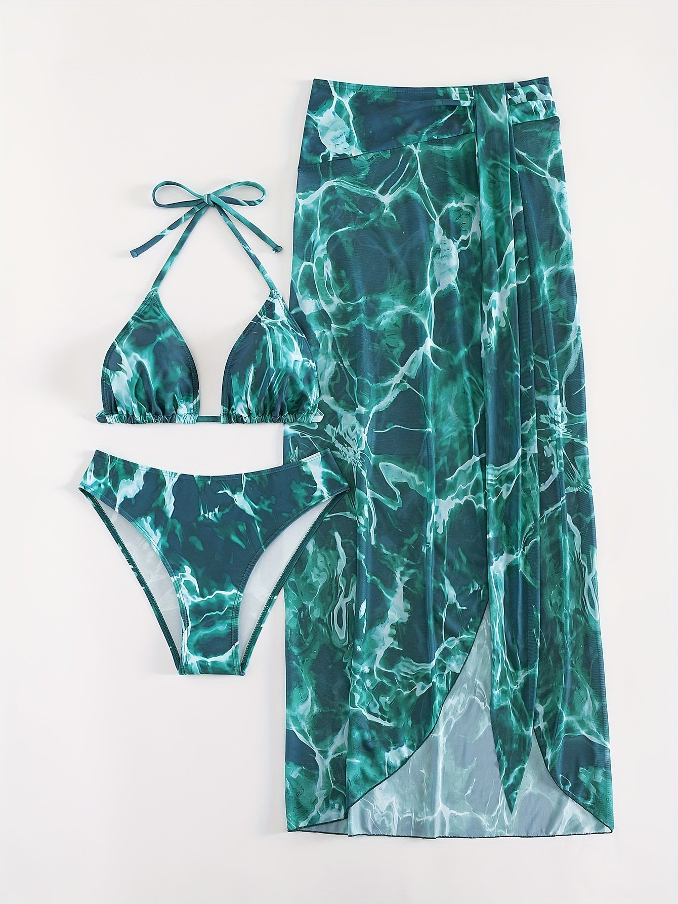 Women's Tie-Dye Bikini Set With Triangle Top, High Cut Bottoms, And Cover-Up Skirt Three-Piece Swimsuit