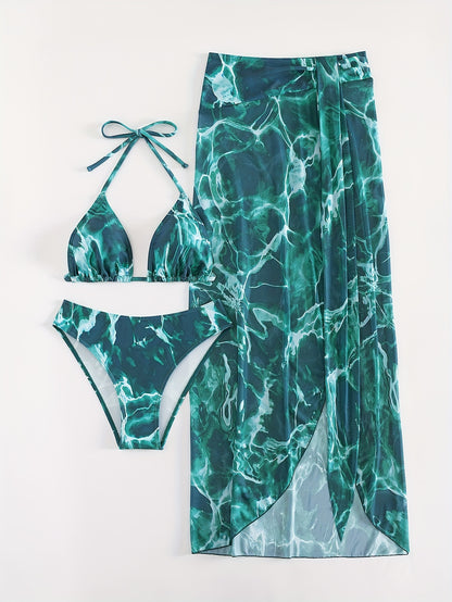 Women's Tie-Dye Bikini Set With Triangle Top, High Cut Bottoms, And Cover-Up Skirt Three-Piece Swimsuit