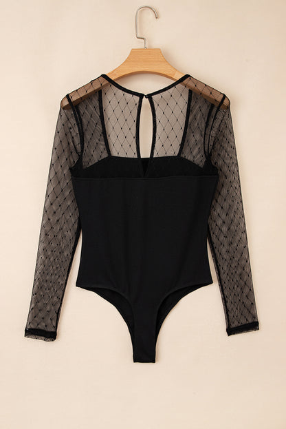 Black Polka Dot Mesh Long Sleeve Square Neck Bodysuit