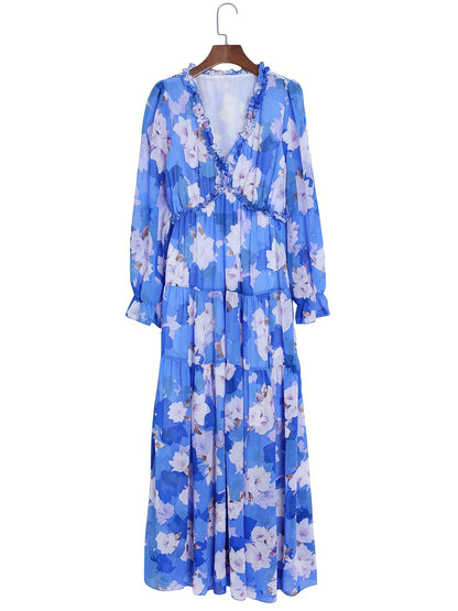 Lightweight Chiffon Floral Maxi Dress for Women - V-Neck, Long Sleeve, Layered Ruffle Hem, Bell-Bottom Maxi with Adjustable Waist Cincher, Perfect for Spring/Summer/Fall Vacations, Vacation Dress | Flowing Maxi Dress | Flowin