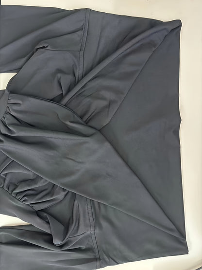 Elegant Off-Shoulder V-Neck Jumpsuit for Women - Chic Solid Black, Slim Waist, Long Sleeve, Casual Summer Style, Polyester & Elastane Blend, Perfect for Home or Office Wear