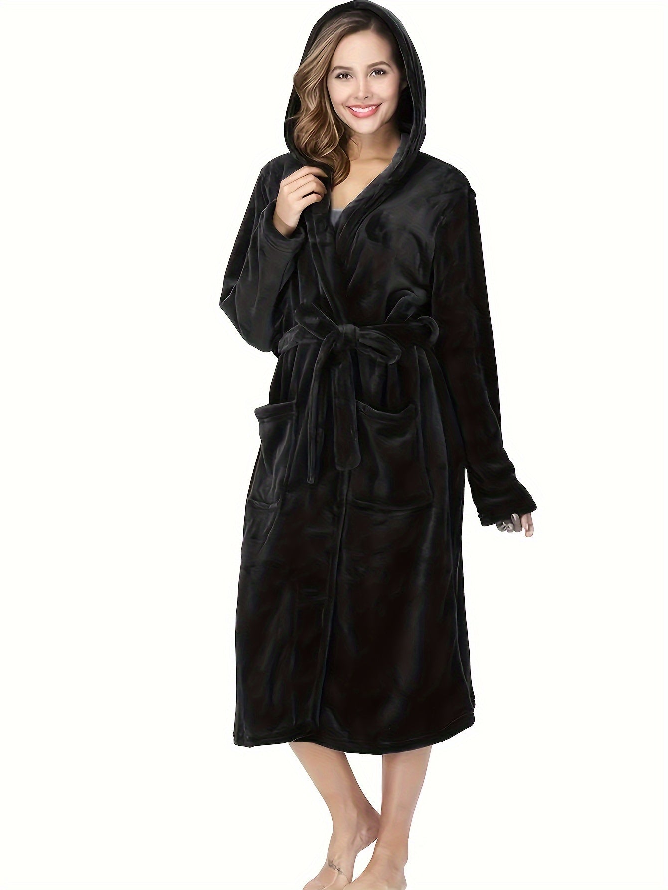 Elegant Polyester Hooded Dressing Gown for Women - Casual Long Sleeve Solid Color Lounge Robe with Belt, Flannel Winter Sleepwear with Hood, Knit Fabric, Warm Plush Lined Bathrobe for Fall/Winter