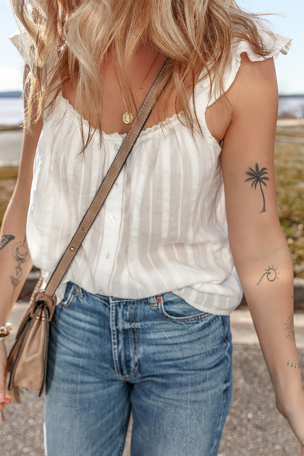 White Lace Crochet Ruffled Buttoned Loose Fit Tank Top