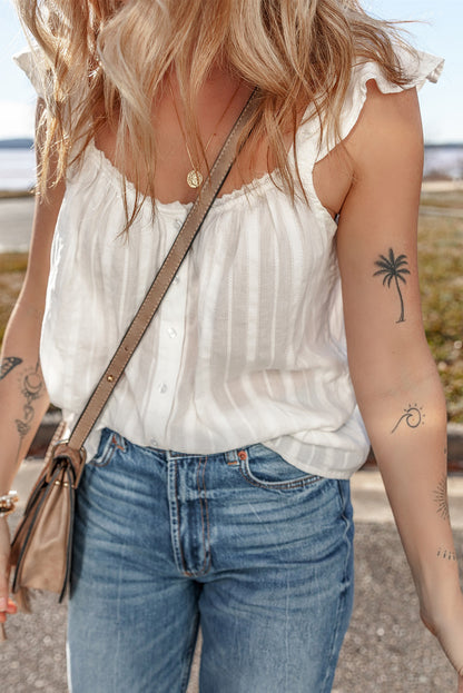 White Lace Crochet Ruffled Buttoned Loose Fit Tank Top