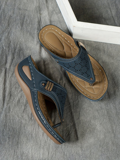 Stylish Cut-Out Thong Sandals - Soft Metallic Platform Wedge, Comfortable Beach Slides with Adjustable Straps, Vacation Essentials for Women