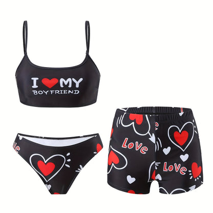 Women'S 3pcs Bikini Set, Sexy High Stretch Knit Fabric, Polyester 82% Elastane 18%, All Over Heart Print, Love My Boyfriend & Love Pattern, 200g/m², for Running & Swimming