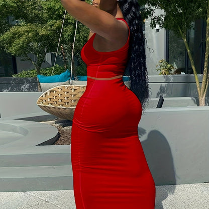 Trendy Two-Piece Set - Sexy Scoop Neck Sleeveless Tank Top & Flowy Bag Hip Maxi Skirt Outfit - Comfortable, Versatile, and Chic Women's Clothing for Everyday Wear