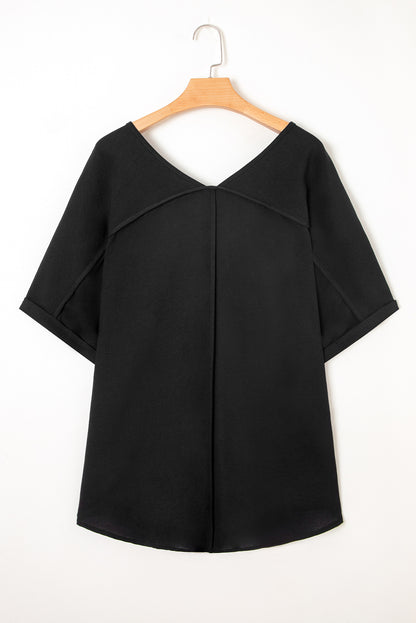 Black Seamed Back High Low Hem V Neck Cuffed Sleeve Plus Size Tee