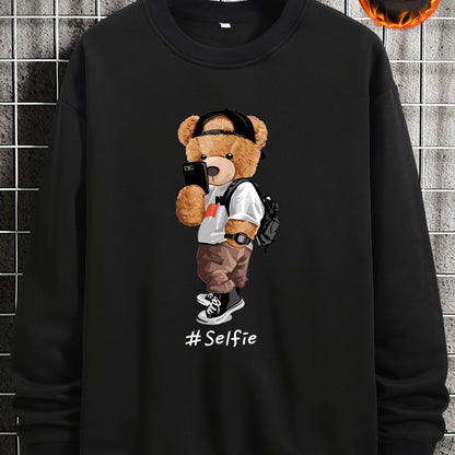 Men's Cartoon Bear Selfie Print Casual Round Neck Pullover Sweatshirt