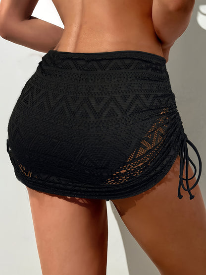 Stylish Ruched Bikini Bottoms - Women's Swimwear with Contrast Mesh 2 in 1 Skort Design, Adjustable Side Drawstring, Built-In Brief, Solid Color, Comfortable and Flattering Fit for Beach and Pool Activities