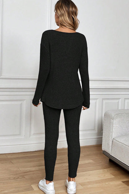 Black Ribbed Notched Neck Knit Long Sleeve Leggings Two Pieces Lounge Set