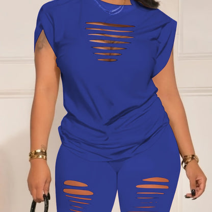 Chic Ripped Solid Two-piece Set - Crew Neck Short Sleeve Tee & Slim Shorts Outfit - Trendy Womens Casual Summer Wear