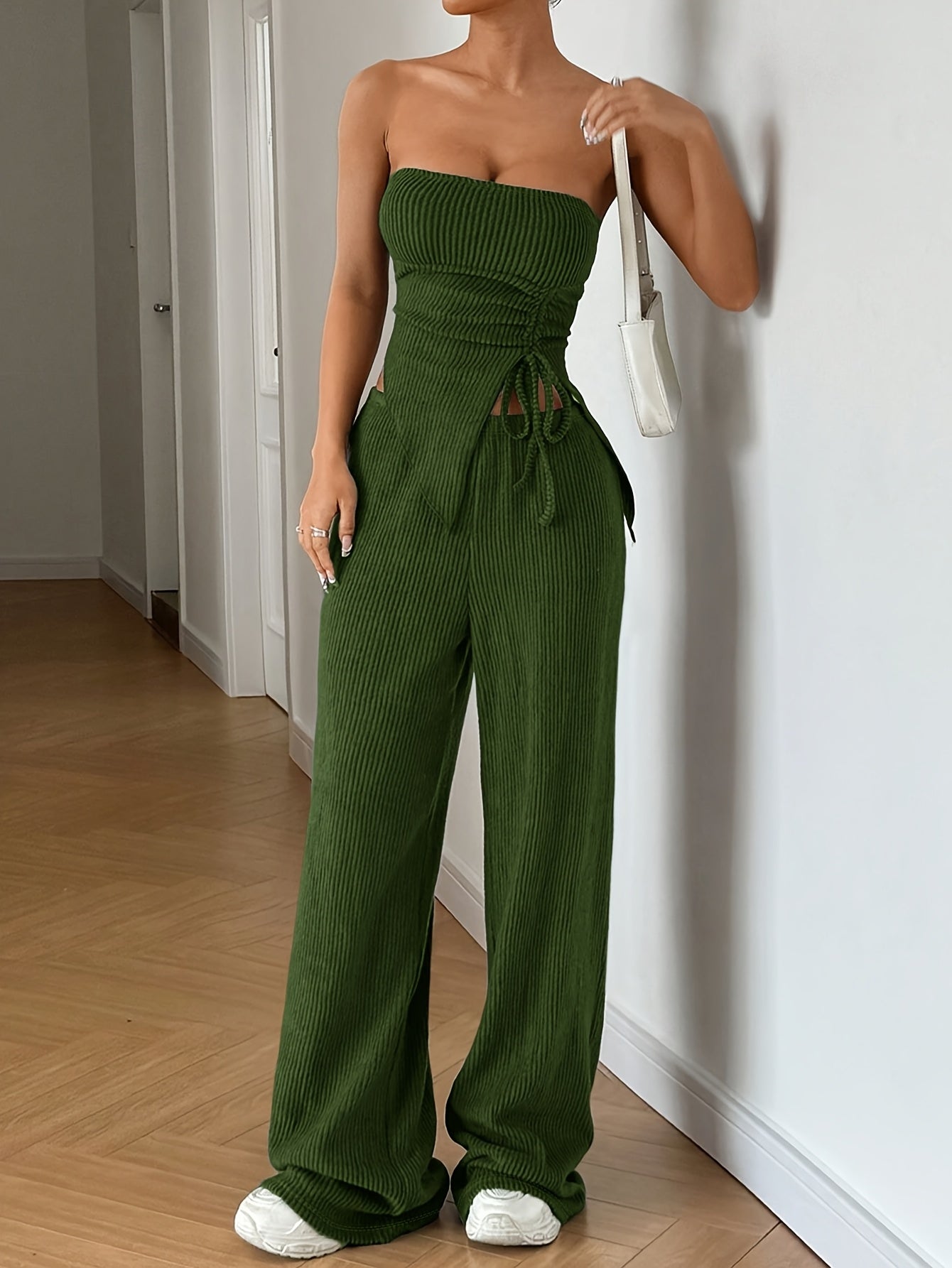 Women's Summer Fashion Outfit - Solid Color Crop Top and Pants, Side Drawstring, Comfortable for Casual Wear
