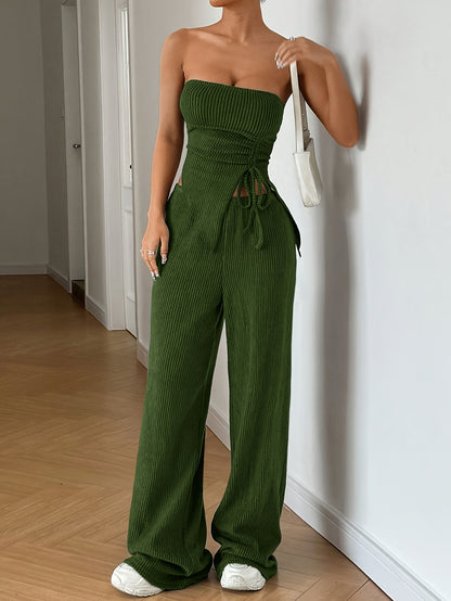 Women's Summer Fashion Outfit - Solid Color Crop Top and Pants, Side Drawstring, Comfortable for Casual Wear