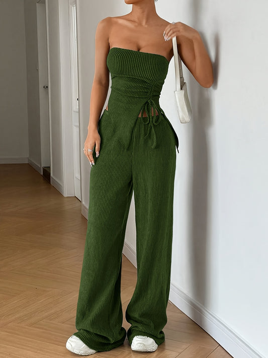 Women's Summer Fashion Outfit - Solid Color Crop Top and Pants, Side Drawstring, Comfortable for Casual Wear