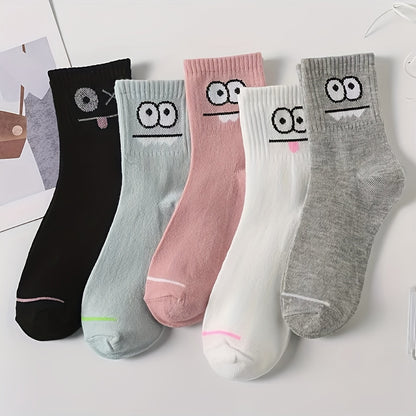 5 Pairs Funny Face Print Socks - Ultra-Soft and Breathable, Relaxed Fit, Mid-Calf Length - Designed for Women, Perfect for Stockings and Hosiery Lovers