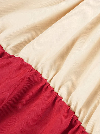 Women's Summer Color Block A-Line Dress - Black & Red Pleated Skirt, Breathable Short Sleeve, Machine Washable, Vacation & Casual Wear, Summer Fashion, Nontransparent Material