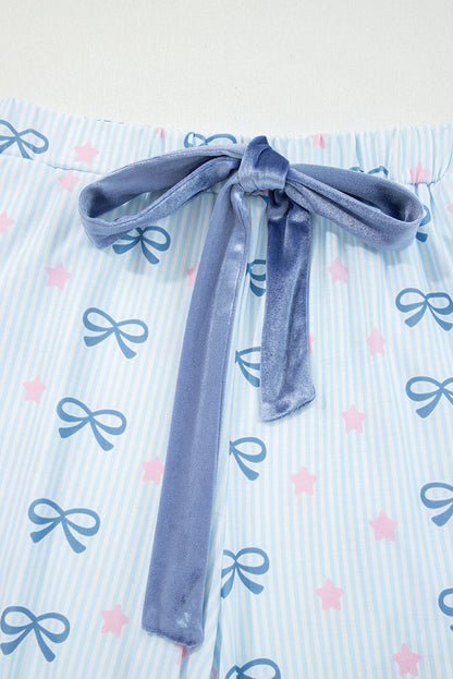Sky Blue Stripe Bow Star Print Tied Detail 2pcs Lounge Set