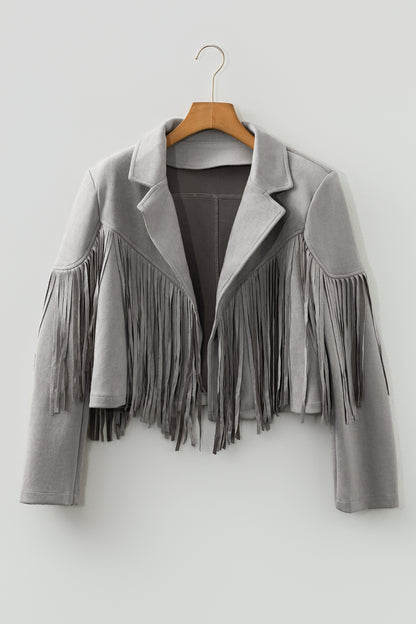 Gray Cropped Fringe Faux Suede Jacket