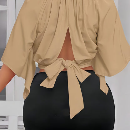 Solid Color Crew Neck Blouse, Elegant Short Sleeve Bow Back Split Blouse For Spring & Summer, Women's Clothing