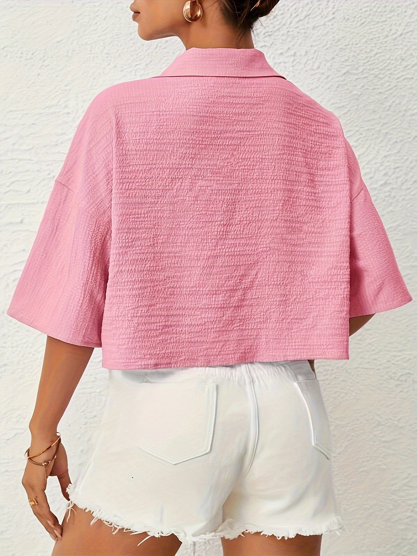 Button Front Crop Blouse, Casual Short Sleeve Blouse For Spring & Summer, Women's Clothing