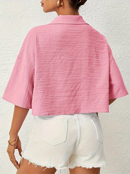 Button Front Crop Blouse, Casual Short Sleeve Blouse For Spring & Summer, Women's Clothing