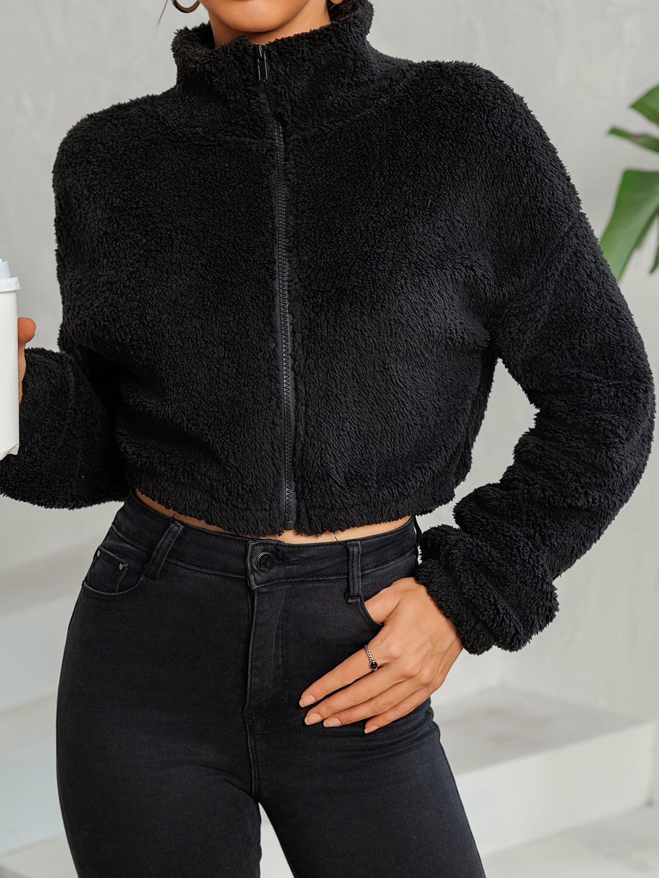 Drop Shoulder Zip Up Jacket, Casual Long Sleeve Fuzzy Crop Jacket For Spring & Fall, Women's Clothing
